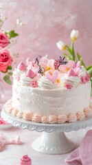 homemade Mother&rsquo;s Day cake, decorated with buttercream flowers, pastel colors, vintage cake stand, elegant celebration, heartfelt note, soft lighting, cozy festive atmosphere.