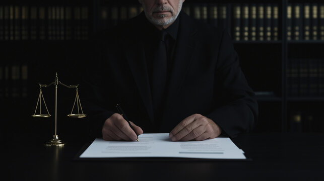 Law and Order: A judge or lawyer meticulously reviews legal documents in a dimly lit, library-like setting. The scales of justice stand nearby, symbolizing fairness and legal proceedings.