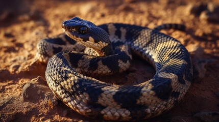 Fototapeta premium A close-up view of a snake's head and body on the ground, with dirt texture in focus