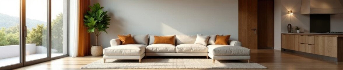Spacious living room panorama, comfy sofa against feature wall, scene, soft