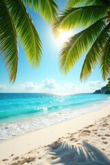 Sun-drenched palm fronds arch over white sand beach, serene, idyllic