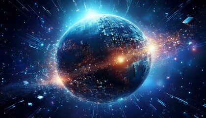 거대한 행성이 픽셀처럼 해체되며 입자로 퍼지는 장면