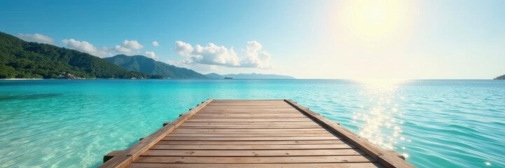 Fototapeta premium Sunny beach, wooden pontoon extending over calm water, pontoon, coastline