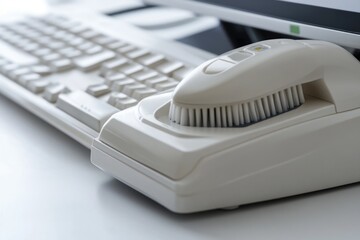 A computer keyboard with a brush placed on top