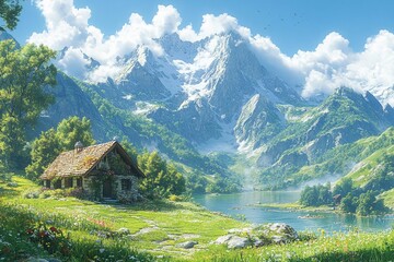 Obraz premium Majestic mountains and serene lake surround a charming cottage in a picturesque landscape during the bright daylight