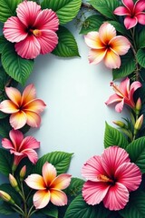 Obraz premium Vibrant hibiscus & plumeria lei, lush tropical foliage, flora, exotic