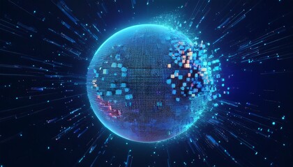 거대한 행성이 픽셀처럼 해체되며 입자로 퍼지는 장면