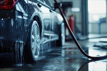 A vehicle being cleaned with water from a hose