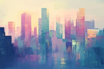 An abstract city skyline with colorful and bright painted impressions