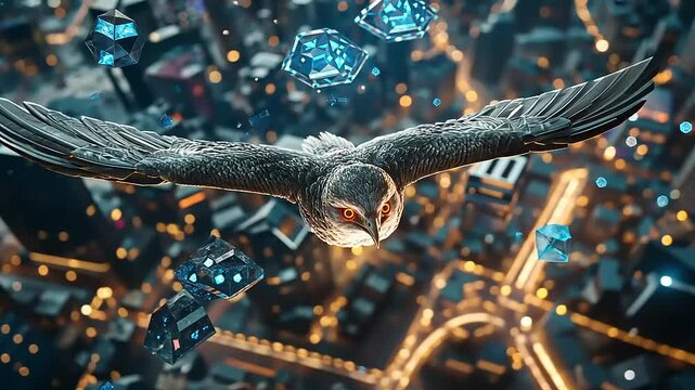 A majestic hawk soaring over a vibrant cityscape, with digital elements floating around