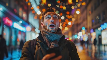 Man gazing at colorful city lights in awe, wearing a scarf and coat, with illuminated streets and shops in the background. Evening urban scene.