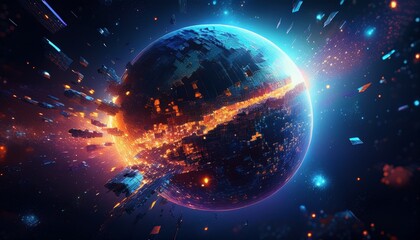 Obraz premium 거대한 행성이 픽셀처럼 해체되며 입자로 퍼지는 장면