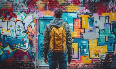 Obraz premium A person in a yellow backpack stands in front of a vibrant graffiti wall, exploring urban art in an alleyway.