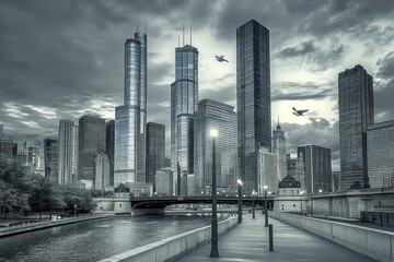 Fototapeta premium An urban cityscape showcases a river with tall buildings in monochrome