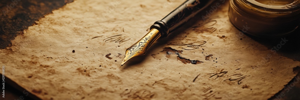 Aufkleber elegant fountain pen resting on aged parchment with intricate calligraphy and ink pot in soft lighti