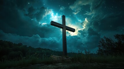 Fototapeta premium A dramatic silhouette of a wooden cross against a starry night sky, surrounded by ethereal clouds and a serene natural setting.