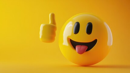 A cheerful yellow emoji with a thumbs-up gesture and a playful expression, set against a bright yellow background.