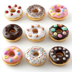 A set of glossy 3D rendered mini donuts with various icing flavors, including chocolate, strawberry, vanilla, and caramel, sprinkled with colorful toppings