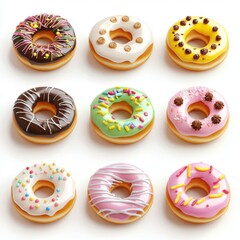 A set of glossy 3D rendered mini donuts with various icing flavors, including chocolate, strawberry, vanilla, and caramel, sprinkled with colorful toppings