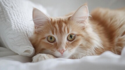 Fluffy orange cat relaxing on a soft white blanket in a cozy indoor setting on a sunny day
