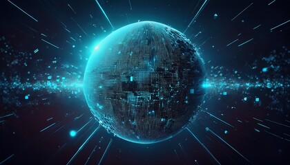 거대한 행성이 픽셀처럼 해체되며 입자로 퍼지는 장면