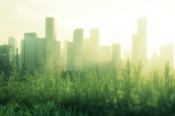 A blurred cityscape rises behind flourishing green vegetation in daylight