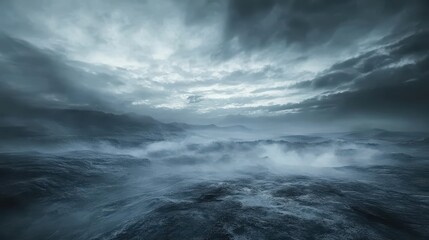 Obraz premium A dramatic seascape at twilight with stormy skies, conveying a sense of mystery and desolation.