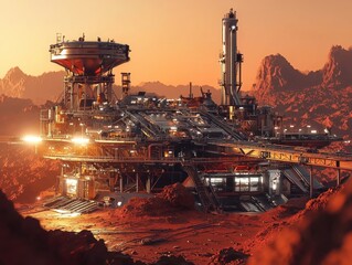 Fototapeta premium Expansive Mars base with multiple towers and advanced space technology