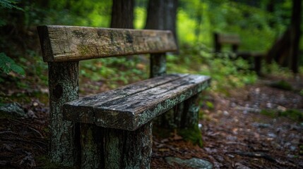 Fototapeta premium A wooden bench surrounded by trees and foliage in a serene forest environment
