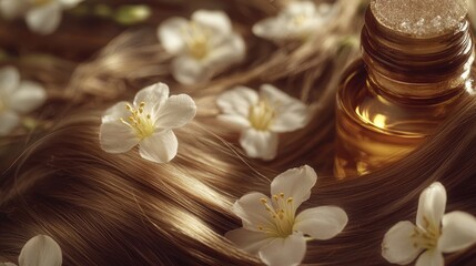 A close-up shot of a bottle of oil surrounded by fresh flowers, perfect for use in promotional materials or as a decorative element