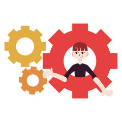 Cartoon character man inside of a gear, business concept, technology concept