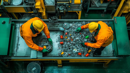 Circular economy recycling business model. Workers sorting materials on a conveyor belt in a recycling facility.
