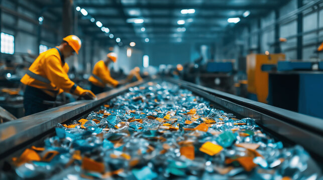 Circular economy recycling business model. Recycling facility with workers sorting materials on conveyor belt.