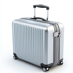 A single glossy 3D rendered miniature travel suitcase, sleek modern design, metallic accents, polished reflective surface, neatly arranged on a white isolated