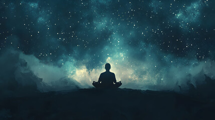Silhouette of a meditating person against a starry night sky
