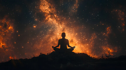 Silhouette of a meditating person against a starry night sky
