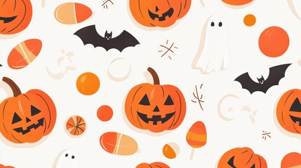 Festive Halloween pattern featuring smiling pumpkins, bats, ghosts, and colorful treats.