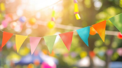 colorful bunting flags gently swaying outdoors in bright sunlight with vibrant blurred background copyspace concept of party planning event marketing