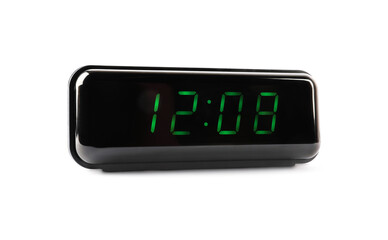 Digital alarm clock showing 12:08 o'clock on white background