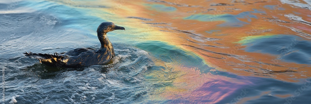 Poster seabird struggles in oil spill with rainbow sheen on ocean surface. generative ai