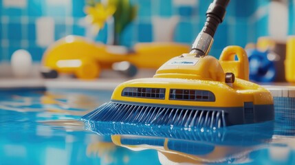 Fototapeta premium A yellow and black brush resting near the edge of a pool