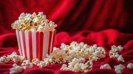 A delightful bucket of freshly popped popcorn against a rich red backdrop, creating a cozy snack atmosphere.