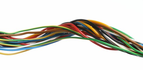 Many colorful electrical wires on white background