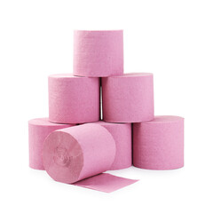 Stack of pink toilet paper rolls isolated on white