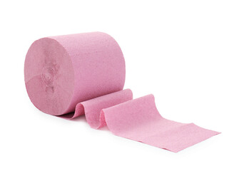 One pink toilet paper roll isolated on white