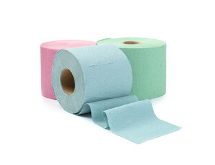 Colorful toilet paper rolls isolated on white
