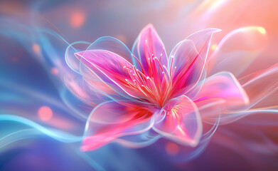 Fototapeta premium A vibrant, glowing, fantasy-style flower with ethereal light effects and swirling energy, symbolizing beauty, nature, and imagination.