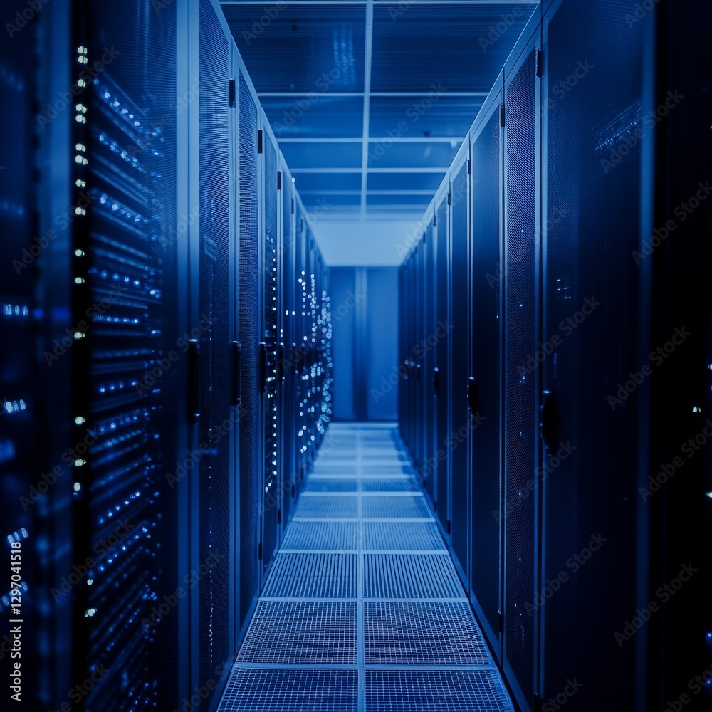 Poster Data Center Servers in a Row: Blue-toned Room with Rows of Servers for Data Storage and Processing.