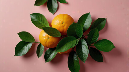 Fresh Citrus Leaves On A Pink Background