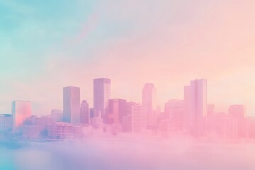 Fototapeta premium A vibrant city skyline is seen behind layers of soft clouds